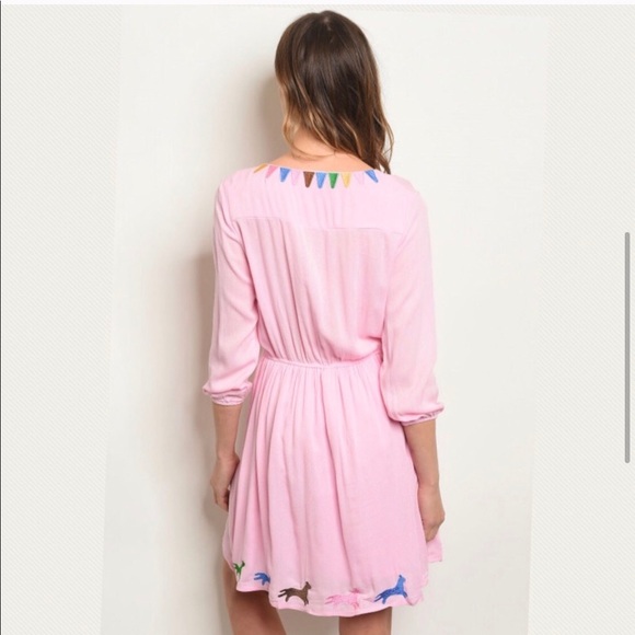 Pink off shoulder embroidered tunic dress - Picture 3 of 5
